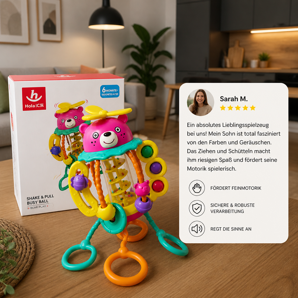 3-in-1 multisensorisches Beißspielzeug mit Zugschnüren, Rassel- & Regengeräuschen für Babys