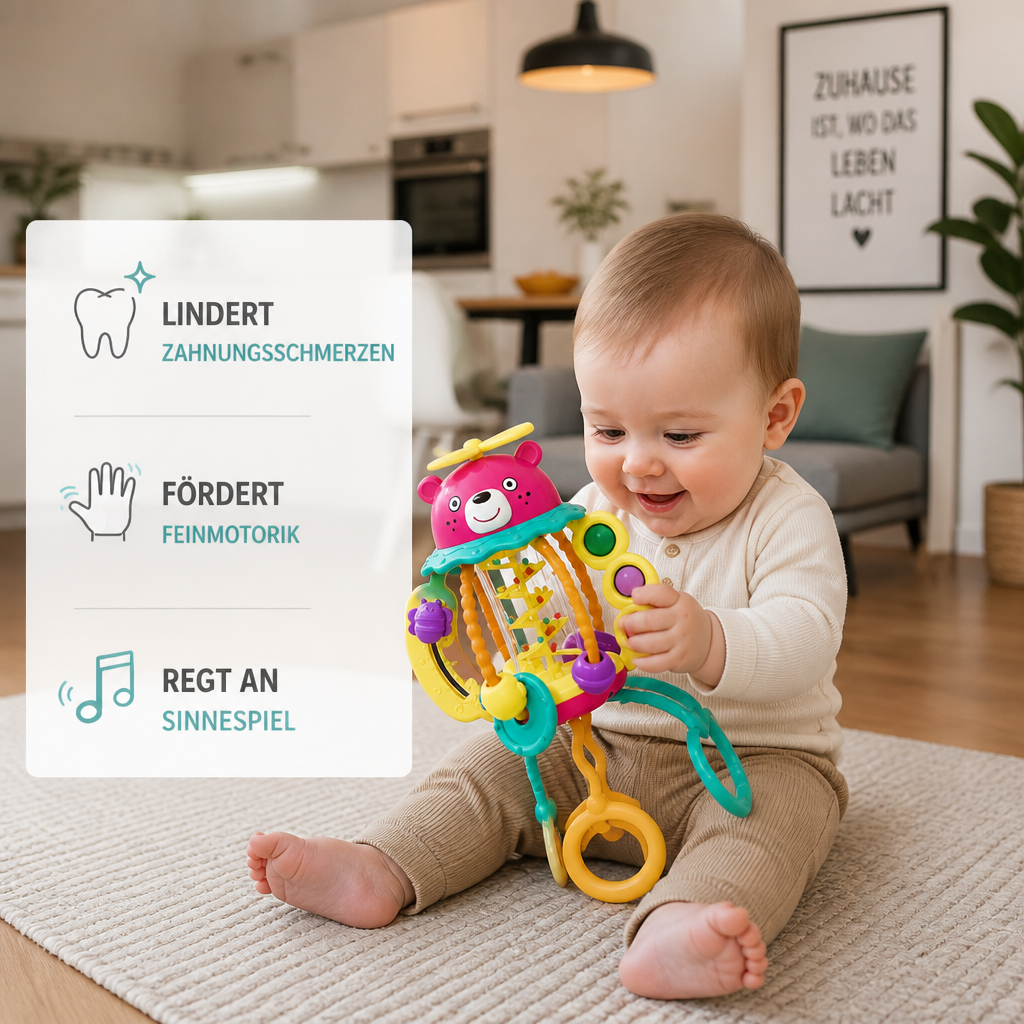 3-in-1 multisensorisches Beißspielzeug mit Zugschnüren, Rassel- & Regengeräuschen für Babys