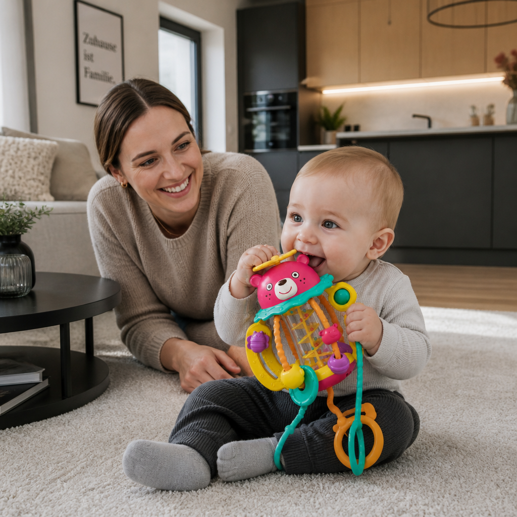 3-in-1 multisensorisches Beißspielzeug mit Zugschnüren, Rassel- & Regengeräuschen für Babys
