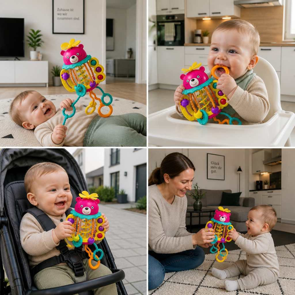 3-in-1 multisensorisches Beißspielzeug mit Zugschnüren, Rassel- & Regengeräuschen für Babys