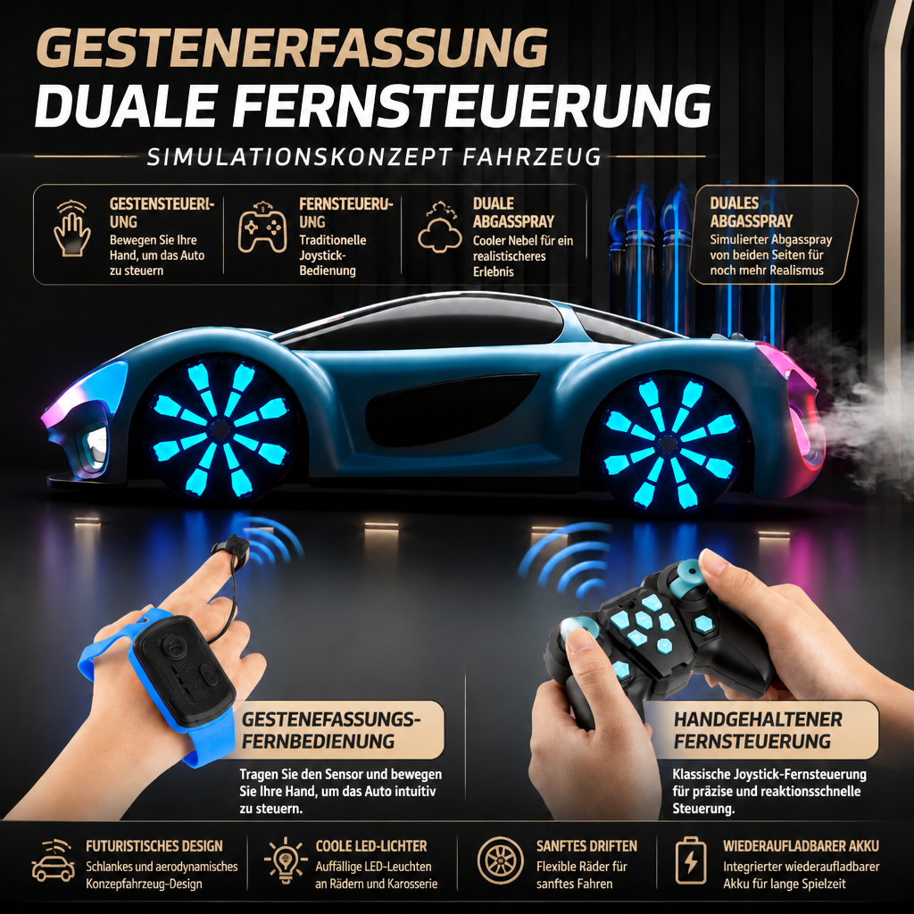Leuchtendes RC-Driftauto mit Sprüheffekt & Ladestation