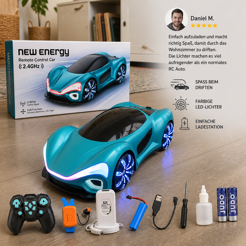 Leuchtendes RC-Driftauto mit Sprüheffekt & Ladestation