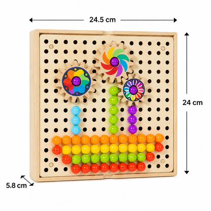 4-in-1 Montessori-Sensorik-Reisebrett aus Holz mit Zahnrädern & bunten Steckelementen