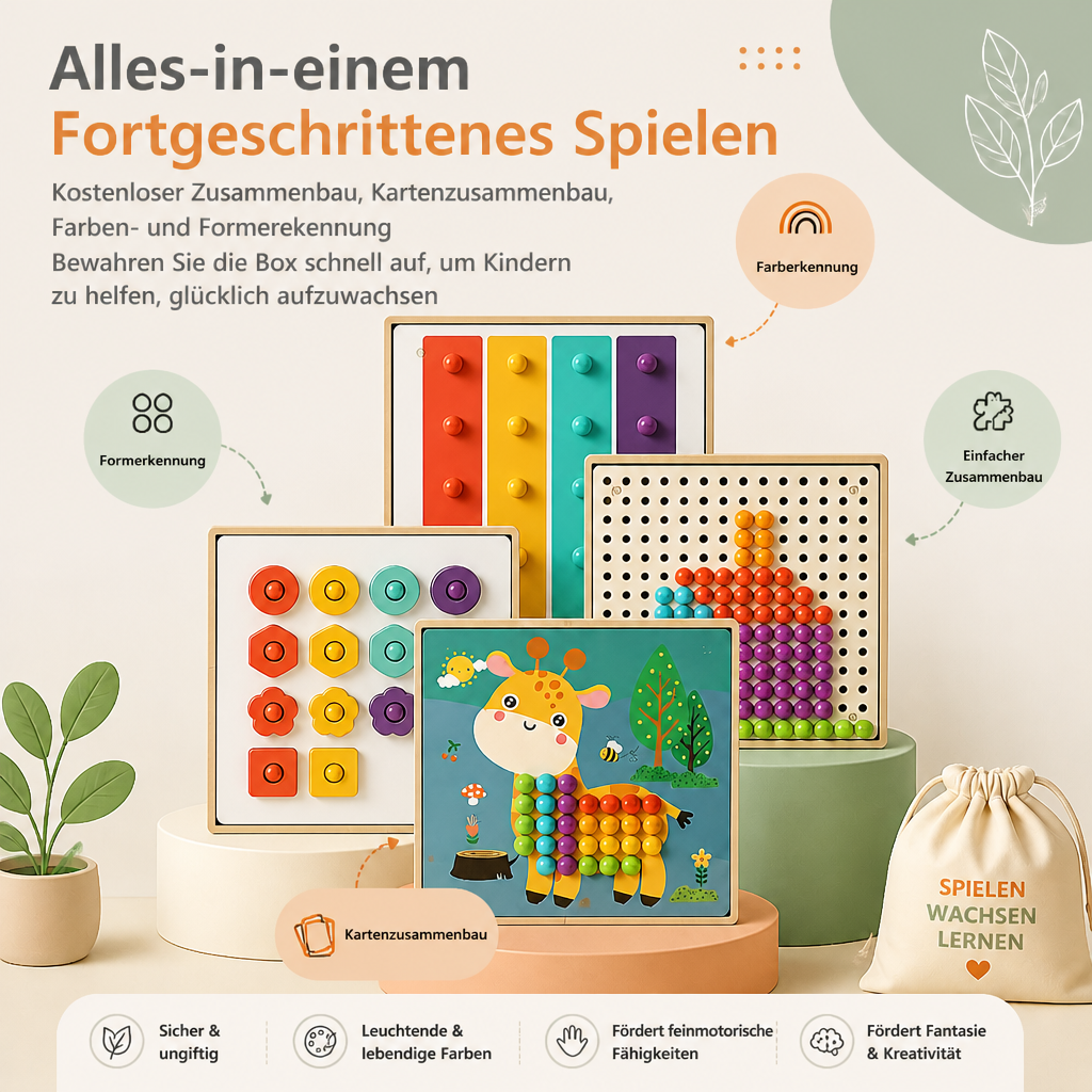 4-in-1 Montessori-Sensorik-Reisebrett aus Holz mit Zahnrädern & bunten Steckelementen