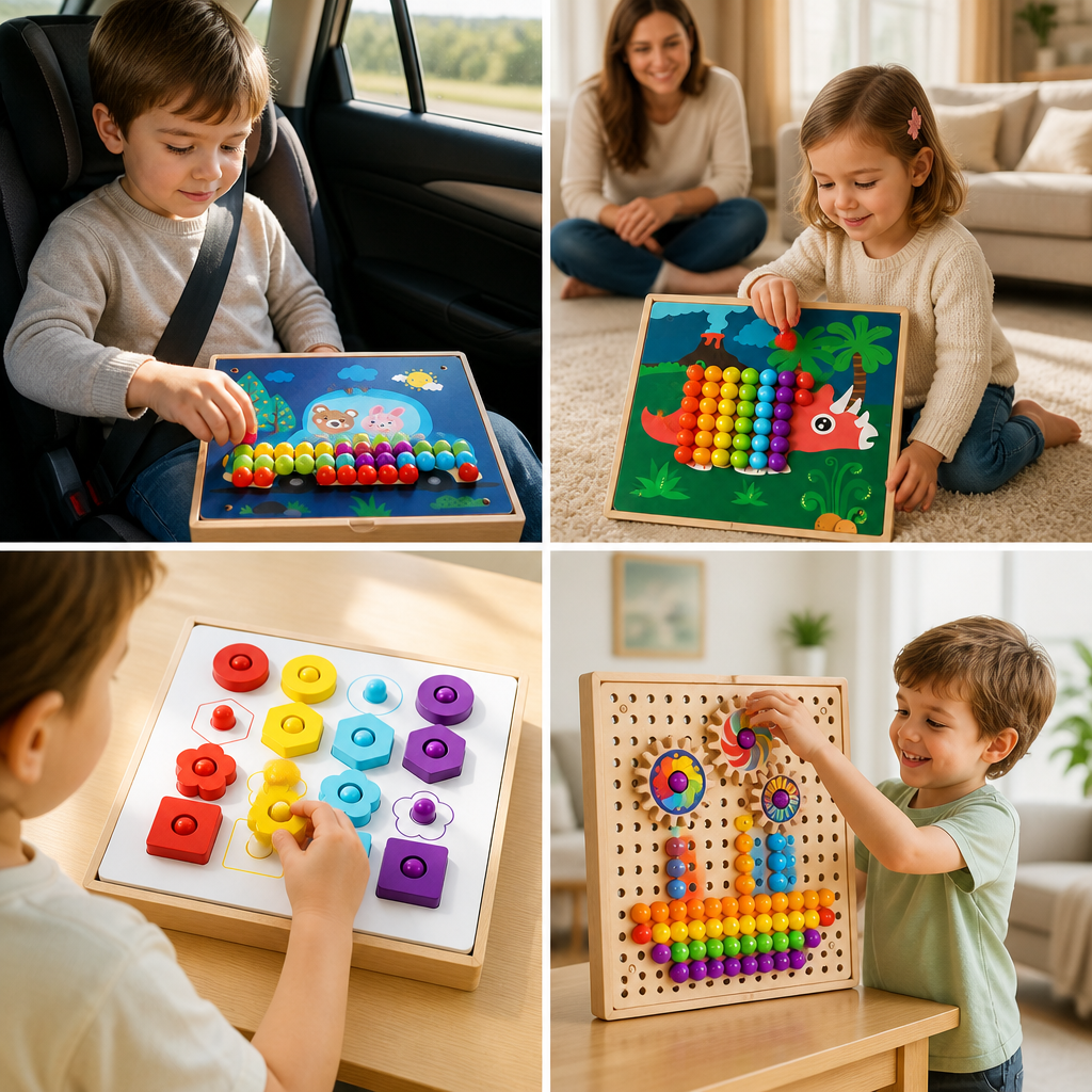 4-in-1 Montessori-Sensorik-Reisebrett aus Holz mit Zahnrädern & bunten Steckelementen