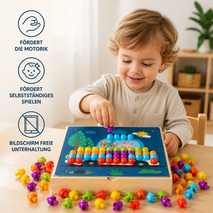4-in-1 Montessori-Sensorik-Reisebrett aus Holz mit Zahnrädern & bunten Steckelementen