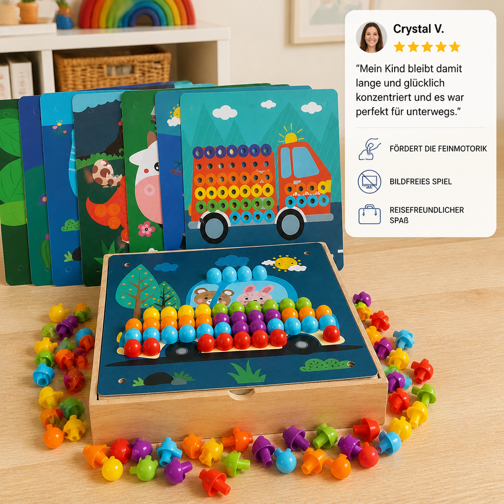 4-in-1 Montessori-Sensorik-Reisebrett aus Holz mit Zahnrädern & bunten Steckelementen