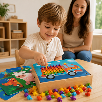 4-in-1 Montessori-Sensorik-Reisebrett aus Holz mit Zahnrädern & bunten Steckelementen