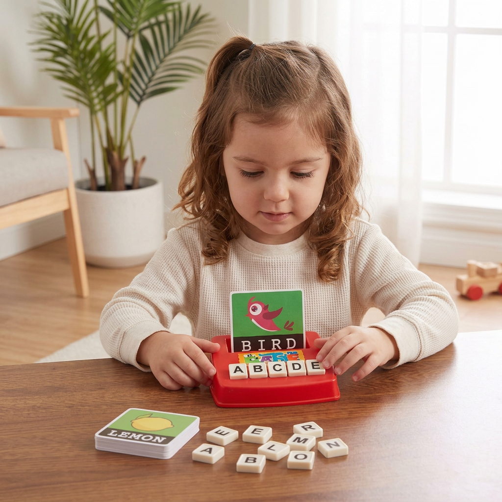 Interaktives Rechtschreib- und Wortzuordnungsspiel – Lernspielzeug zur Lese- und Schreibförderung für Vorschulkinder mit Bildkarten und Buchstabenplättchen