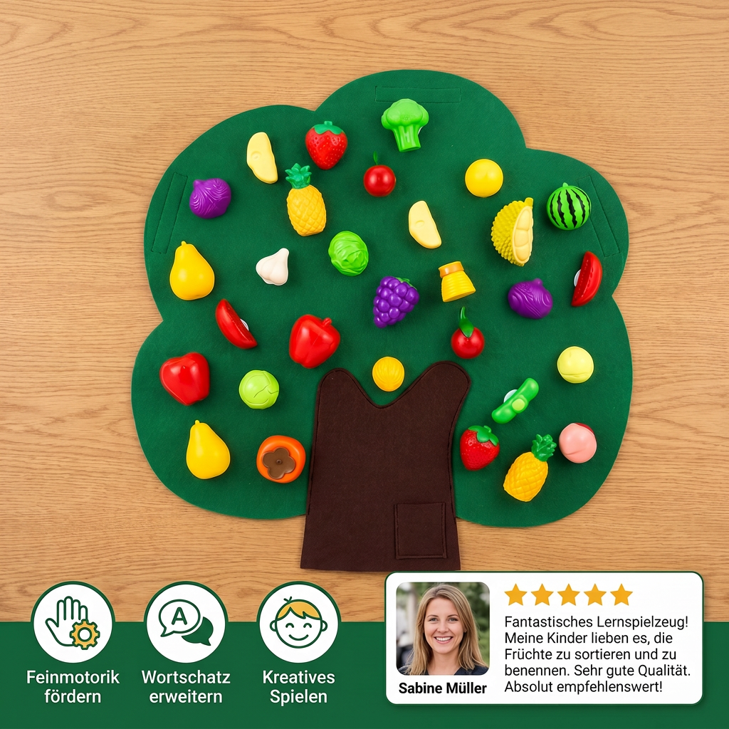 Aktivitätsbrett „Obstbaum“ aus Filz – Montessori-Lernspielzeug