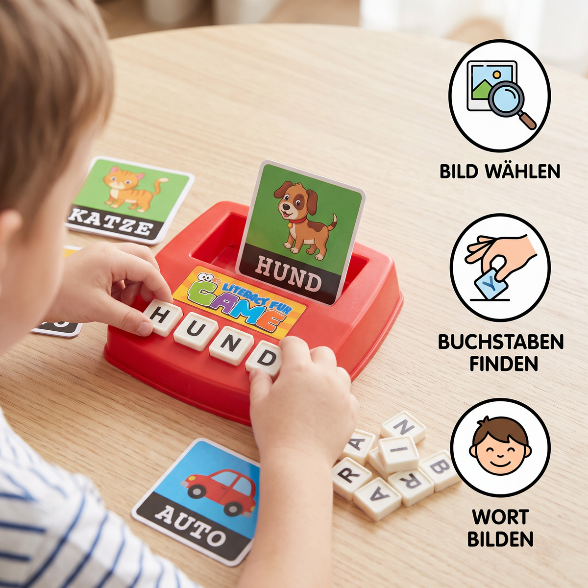 Interaktives Rechtschreib- und Wortzuordnungsspiel – Lernspielzeug zur Lese- und Schreibförderung für Vorschulkinder mit Bildkarten und Buchstabenplättchen