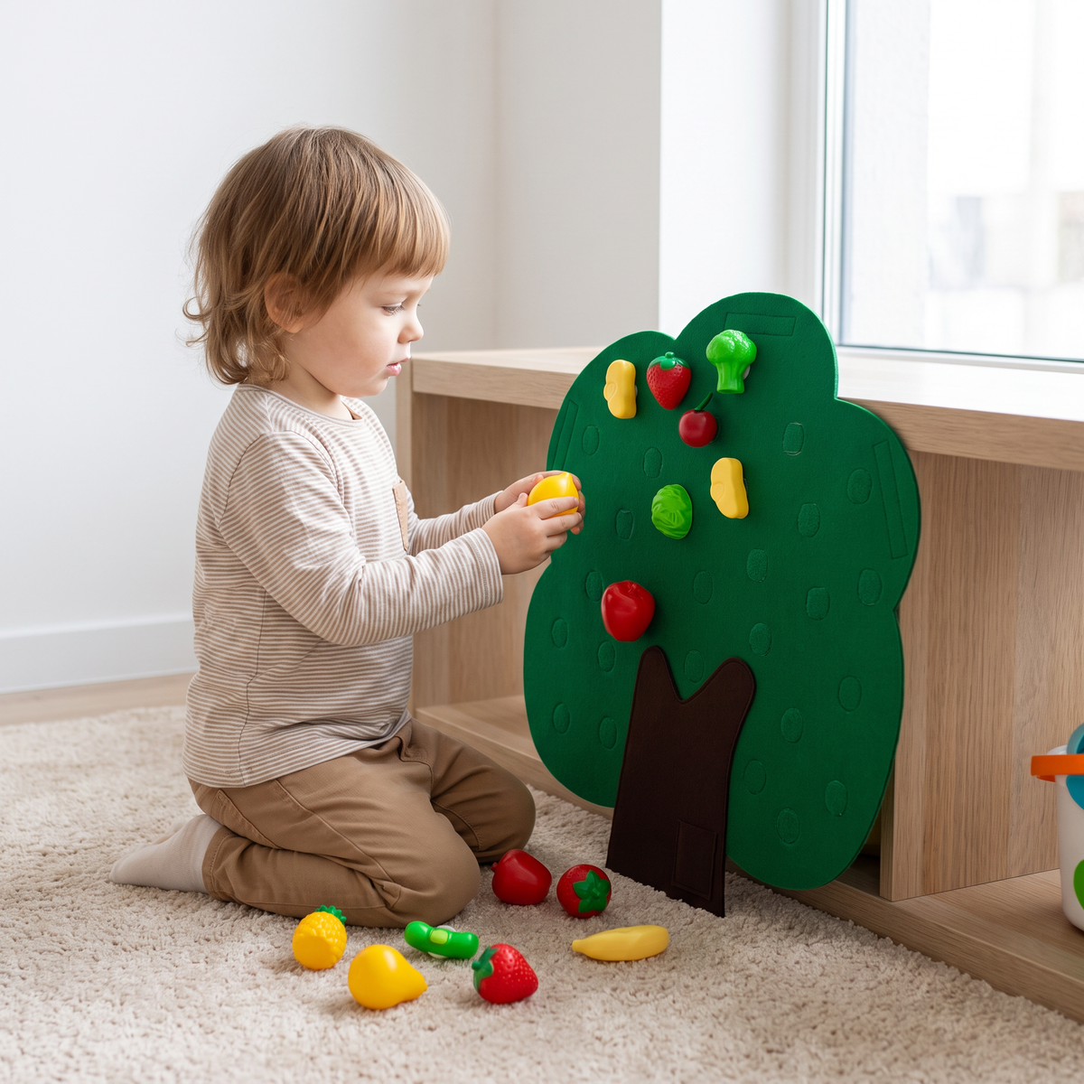 Aktivitätsbrett „Obstbaum“ aus Filz – Montessori-Lernspielzeug