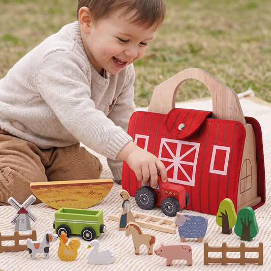 Montessori Holz & Filz Reise Farm Spielzeug - Perfekt für Unterwegs