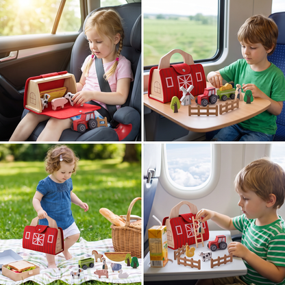Montessori Holz & Filz Reise Farm Spielzeug - Perfekt für Unterwegs