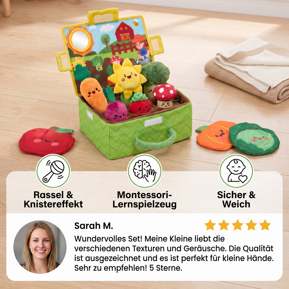 Montessori Garten-Sensorikspielzeug für Babys – Plüsch Obst & Gemüse Set mit Rassel, Spiegel & Quietschfunktion