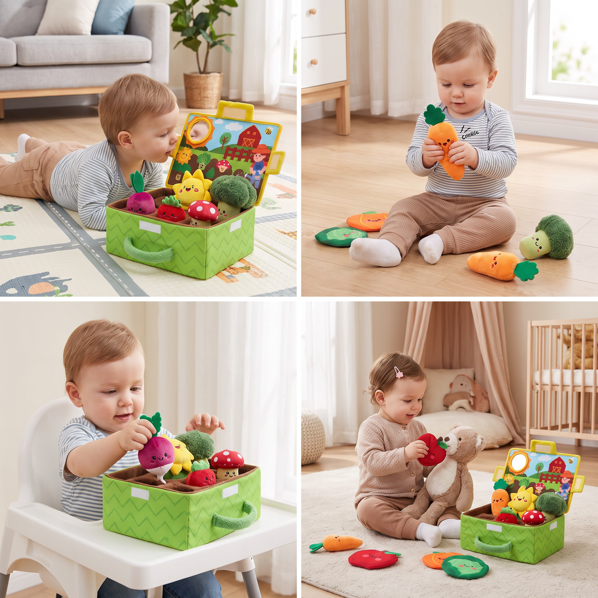 Montessori Garten-Sensorikspielzeug für Babys – Plüsch Obst & Gemüse Set mit Rassel, Spiegel & Quietschfunktion