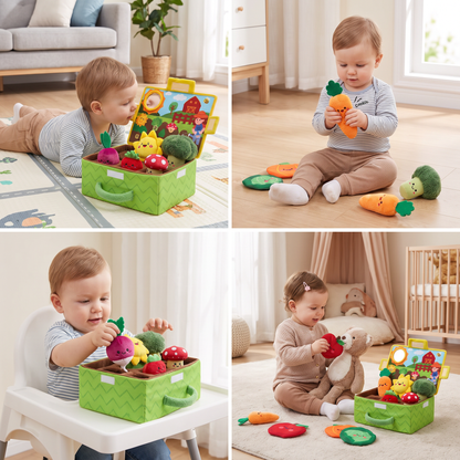 Montessori Garten-Sensorikspielzeug für Babys – Plüsch Obst & Gemüse Set mit Rassel, Spiegel & Quietschfunktion
