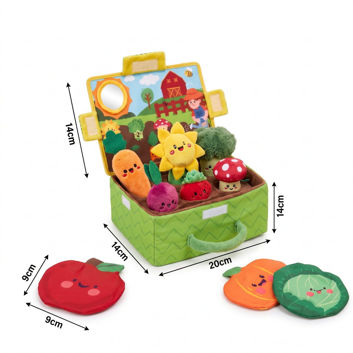 Montessori Garten-Sensorikspielzeug für Babys – Plüsch Obst & Gemüse Set mit Rassel, Spiegel & Quietschfunktion