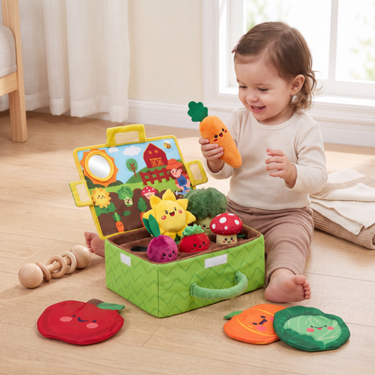 Montessori Garten-Sensorikspielzeug für Babys – Plüsch Obst & Gemüse Set mit Rassel, Spiegel & Quietschfunktion