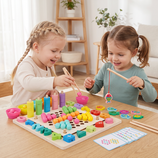 Montessori 6-in-1 Angelspiel Set aus Holz – Lernspiel für Zahlen, Farben & Feinmotorik