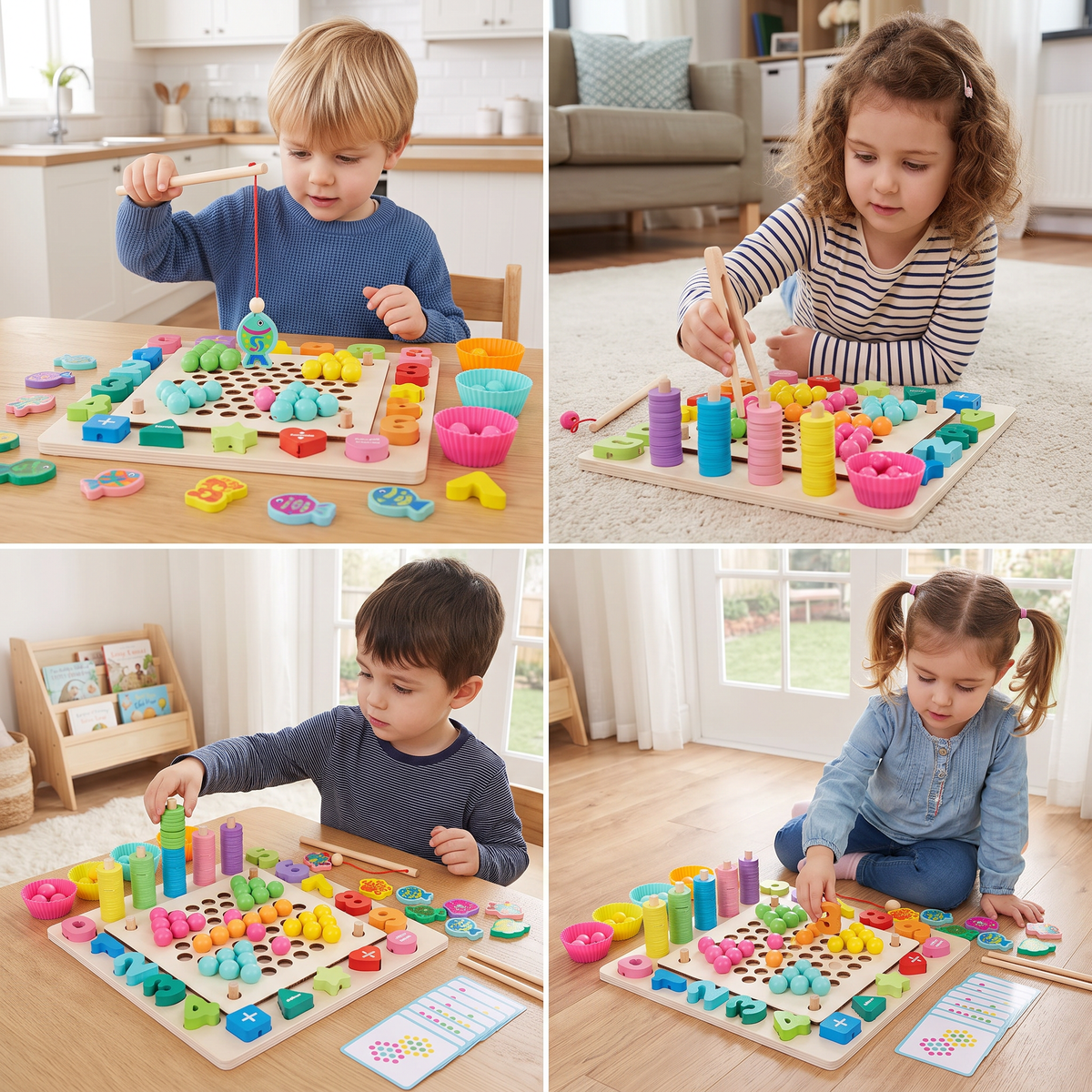 Montessori 6-in-1 Angelspiel Set aus Holz – Lernspiel für Zahlen, Farben & Feinmotorik