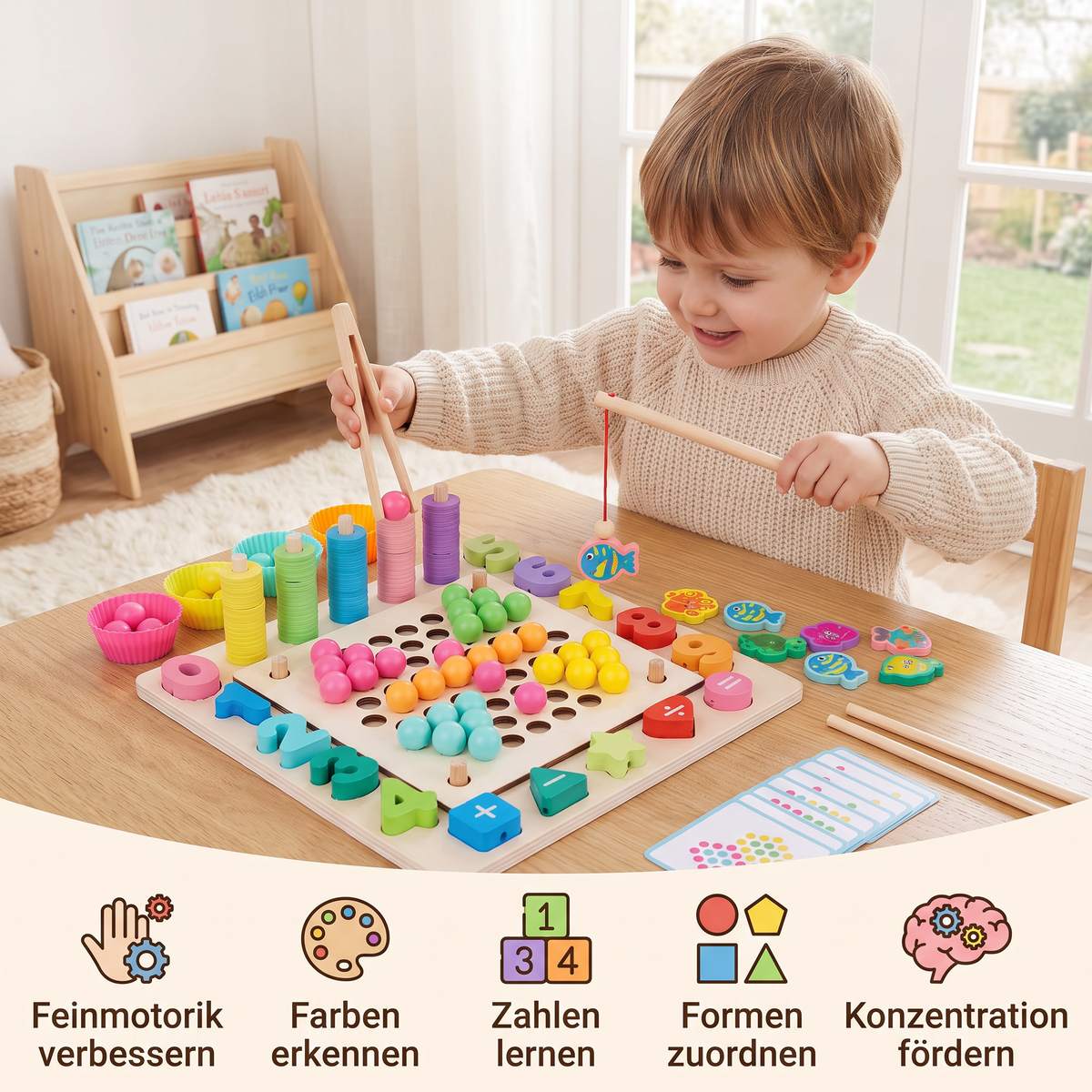 Montessori 6-in-1 Angelspiel Set aus Holz – Lernspiel für Zahlen, Farben & Feinmotorik