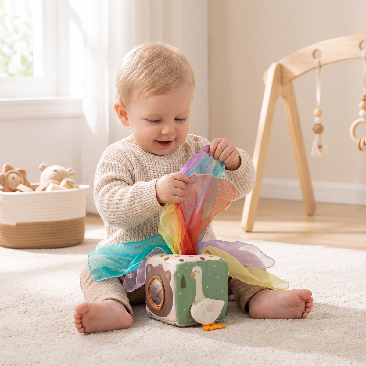Montessori Baby Sensorik-Tücherbox – Weiches Knister- & Fühlspiel
