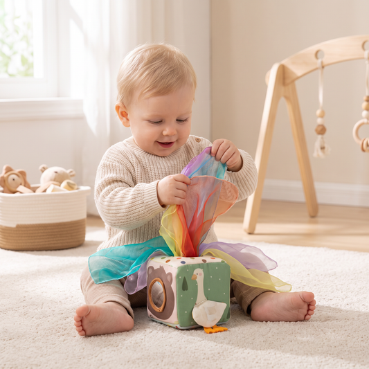 Montessori Baby Sensorik-Tücherbox – Weiches Knister- & Fühlspiel