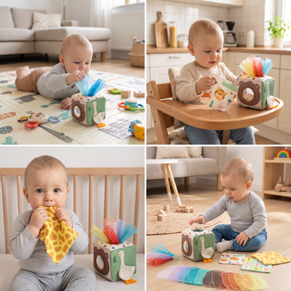 Montessori Baby Sensorik-Tücherbox – Weiches Knister- & Fühlspiel
