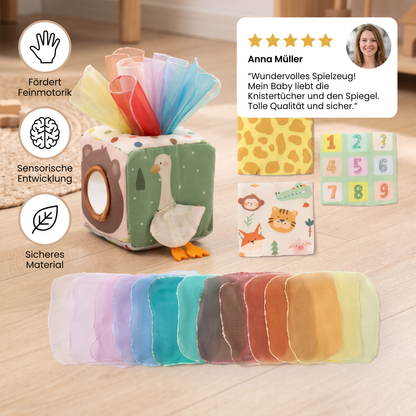 Montessori Baby Sensorik-Tücherbox – Weiches Knister- & Fühlspiel
