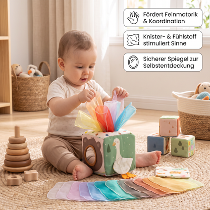 Montessori Baby Sensorik-Tücherbox – Weiches Knister- & Fühlspiel