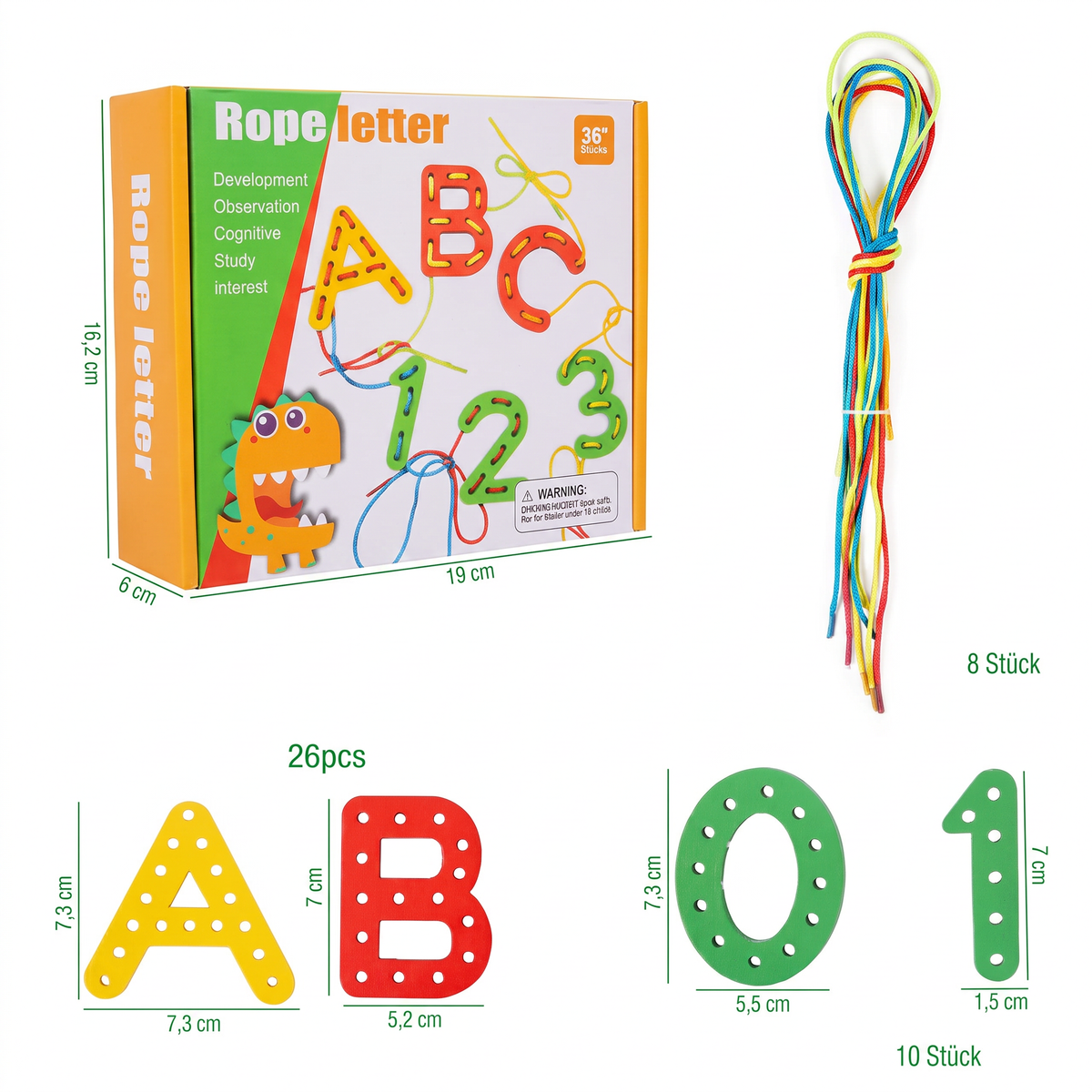 Buchstaben Zahlen und Farben Fädel-Lernspiel aus Holz