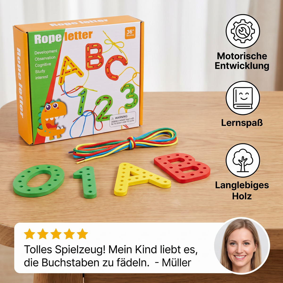 Buchstaben Zahlen und Farben Fädel-Lernspiel aus Holz