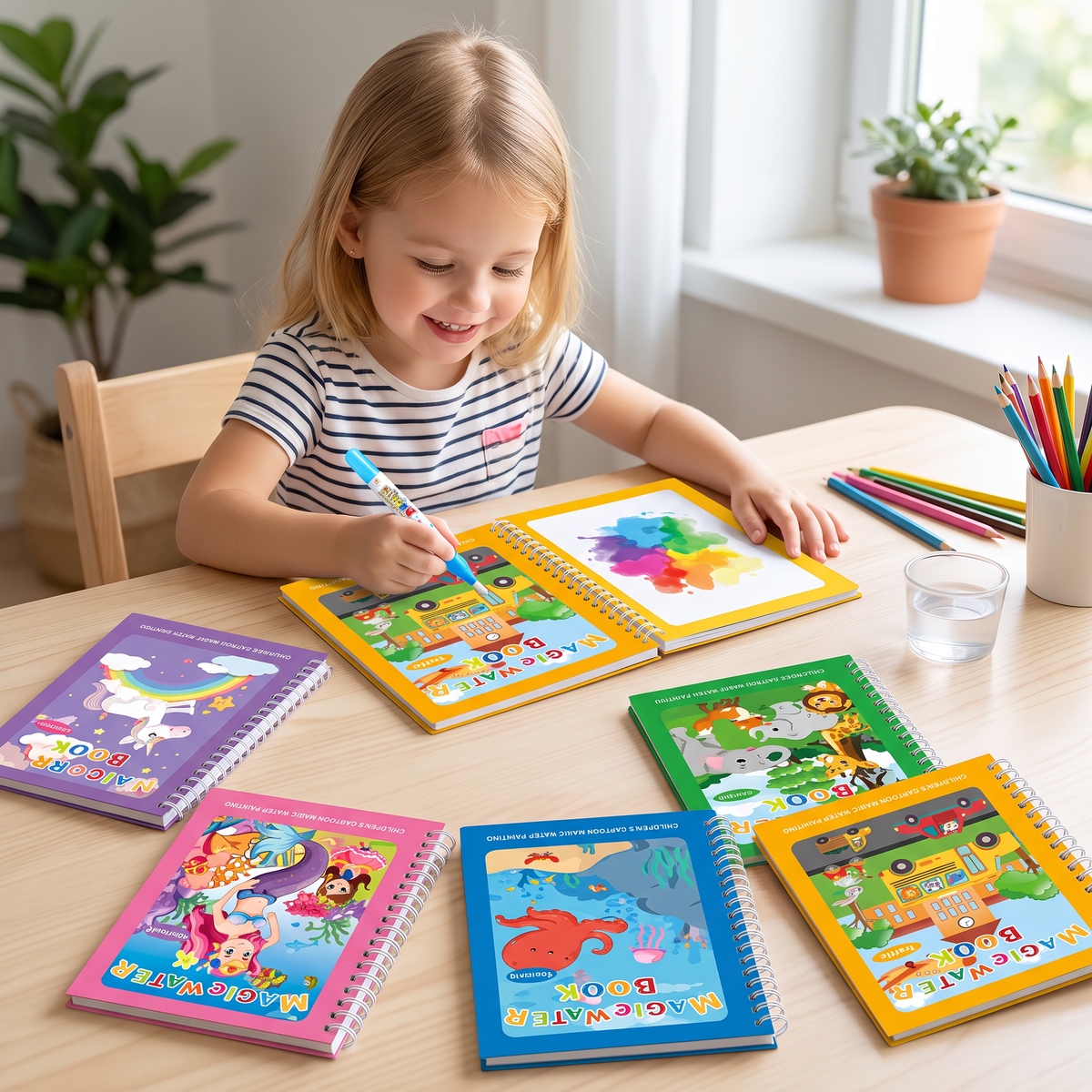 Magisches selbstlöschendes Wassermalbuch-Set für Kinder mit Wasserpinsel (6er set)