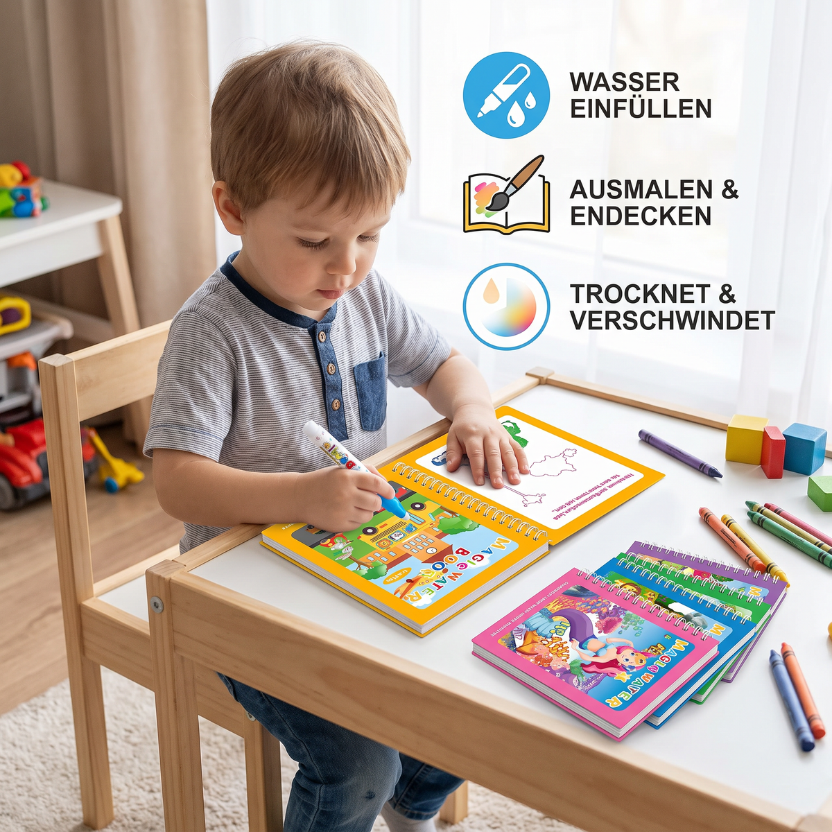 Magisches selbstlöschendes Wassermalbuch-Set für Kinder mit Wasserpinsel (6er set)