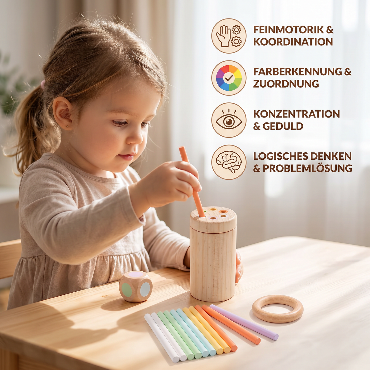 Montessori-Farbspiel mit Holzstäbchen