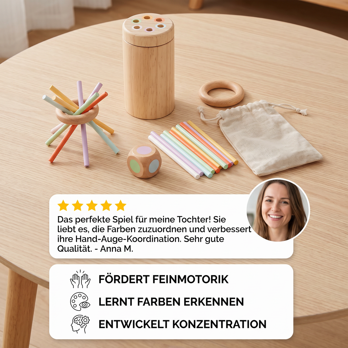 Montessori-Farbspiel mit Holzstäbchen