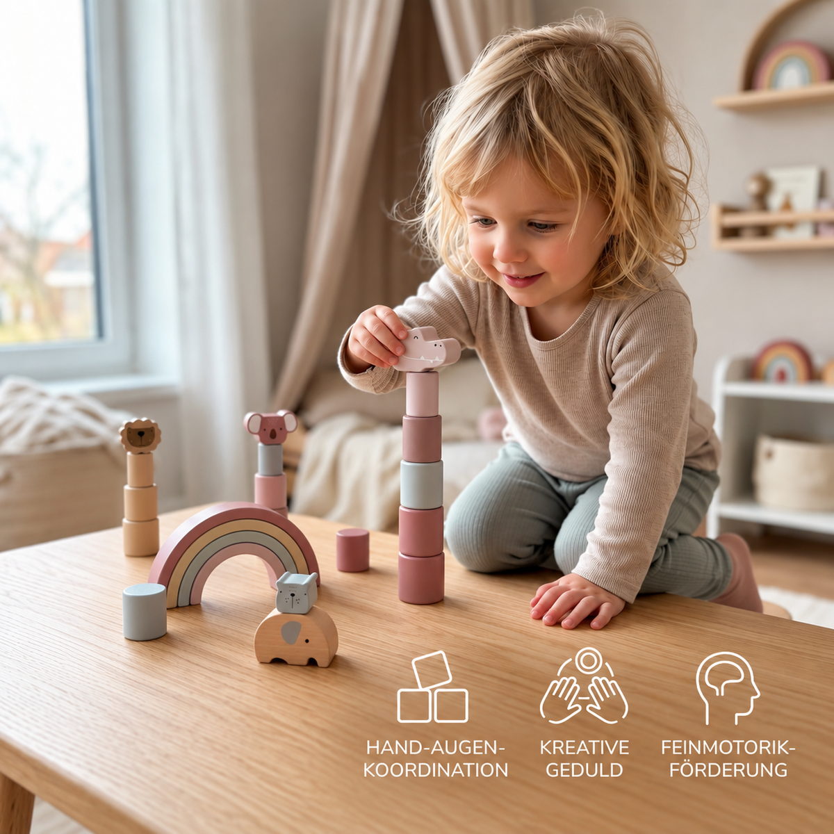 Montessori-Holzbausteine mit Tier- und Formenmotiven