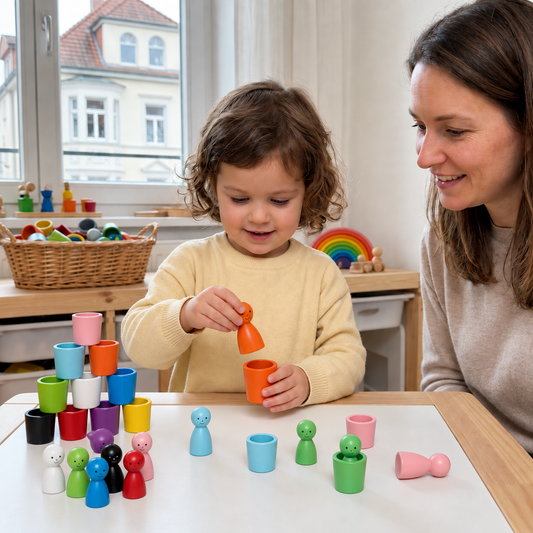 Montessori-Farbensortierspiel aus Holz mit Bechern