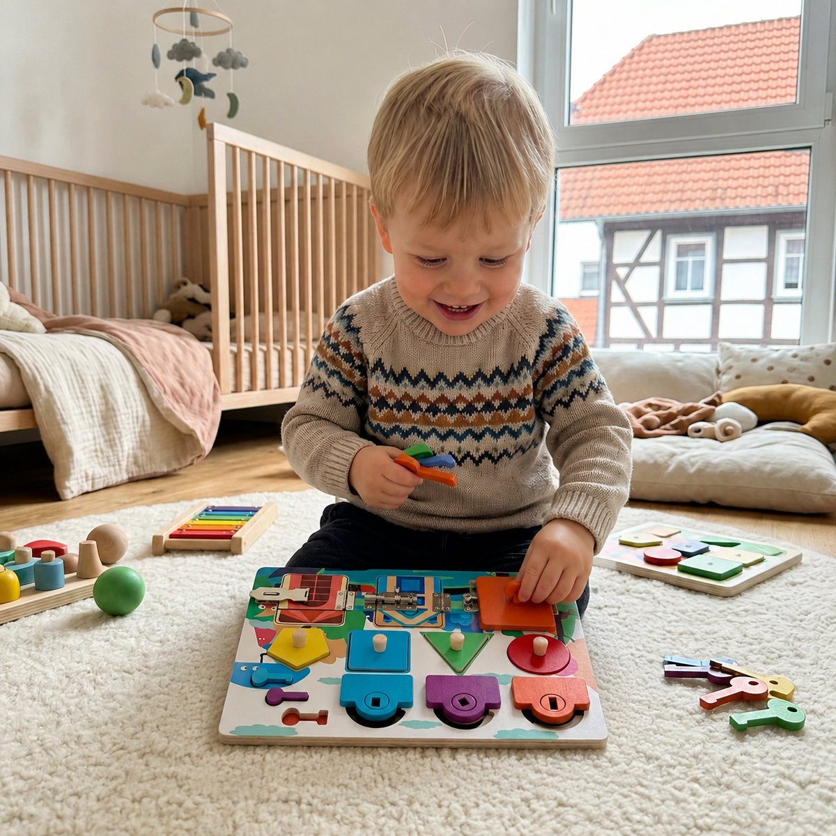 Montessori-Beschäftigungsbrett-Puzzle – Lernspielzeug mit Schlössern und Verschlüssen für Jungen und Mädchen