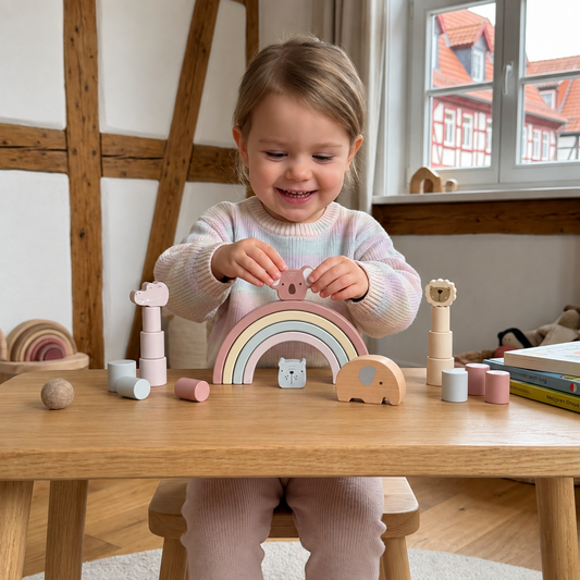 Montessori-Holzbausteine mit Tier- und Formenmotiven