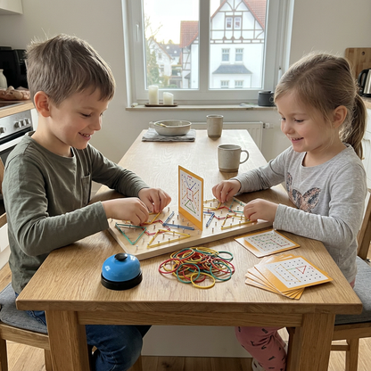 Montessori Holz-Geometrie-Duellspiel mit bunten Gummibändern