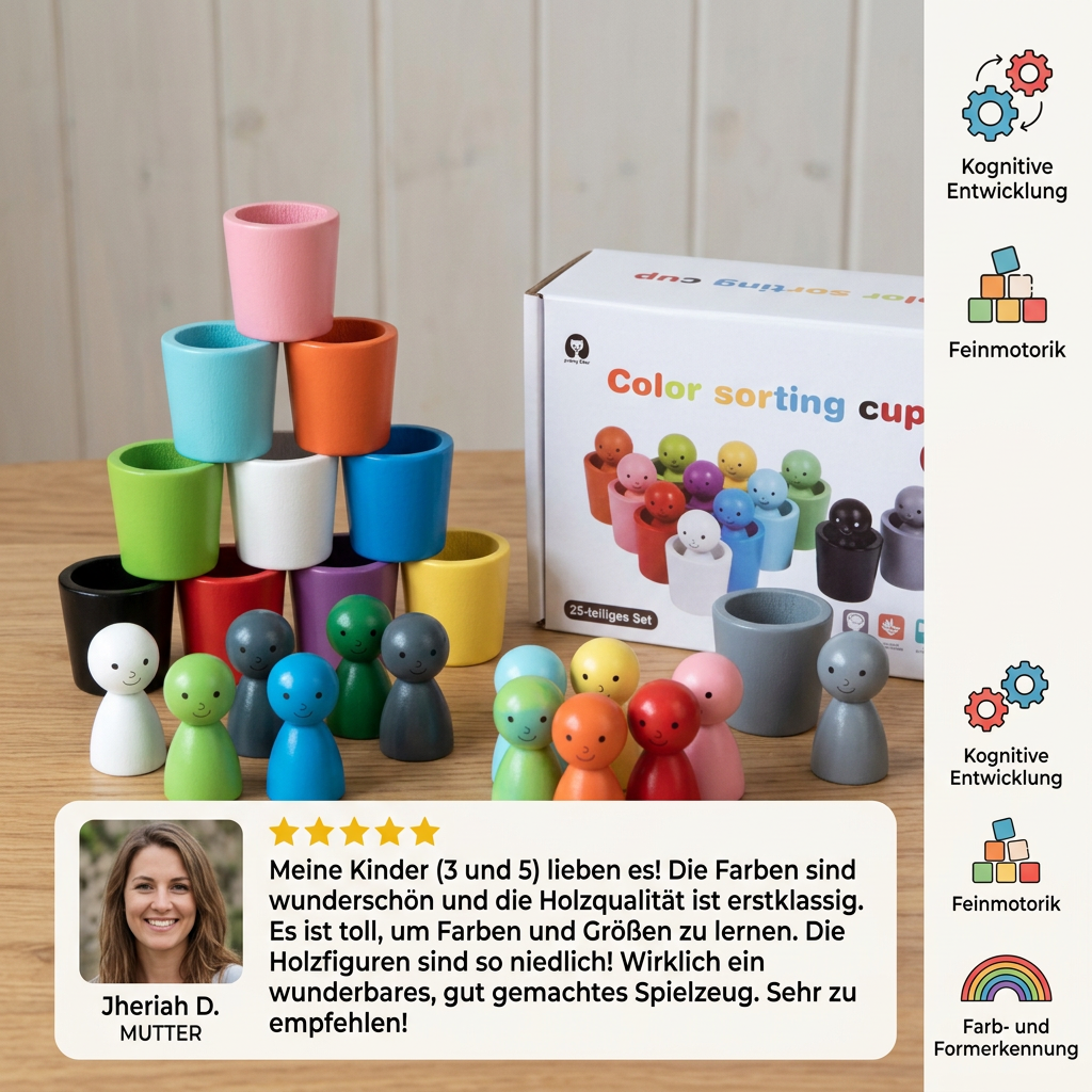 Montessori-Farbensortierspiel aus Holz mit Bechern