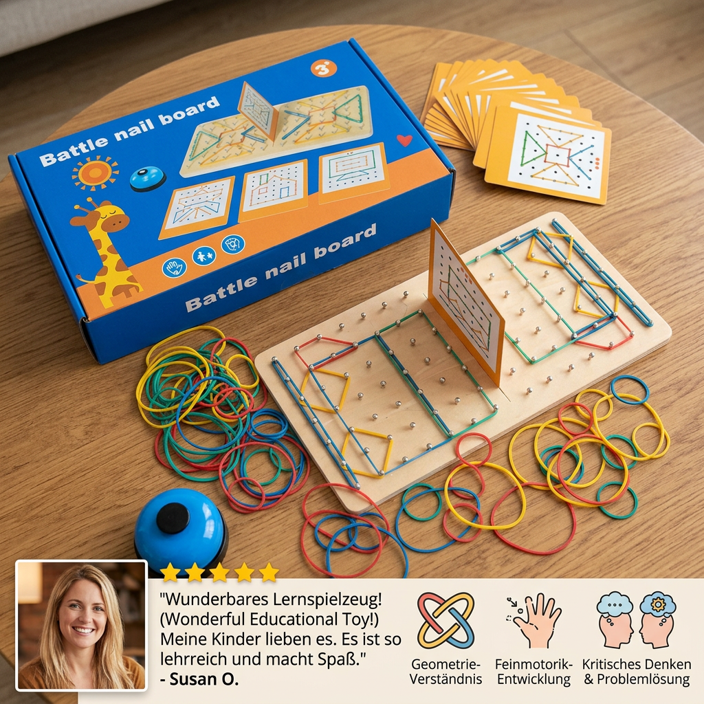 Montessori Holz-Geometrie-Duellspiel mit bunten Gummibändern