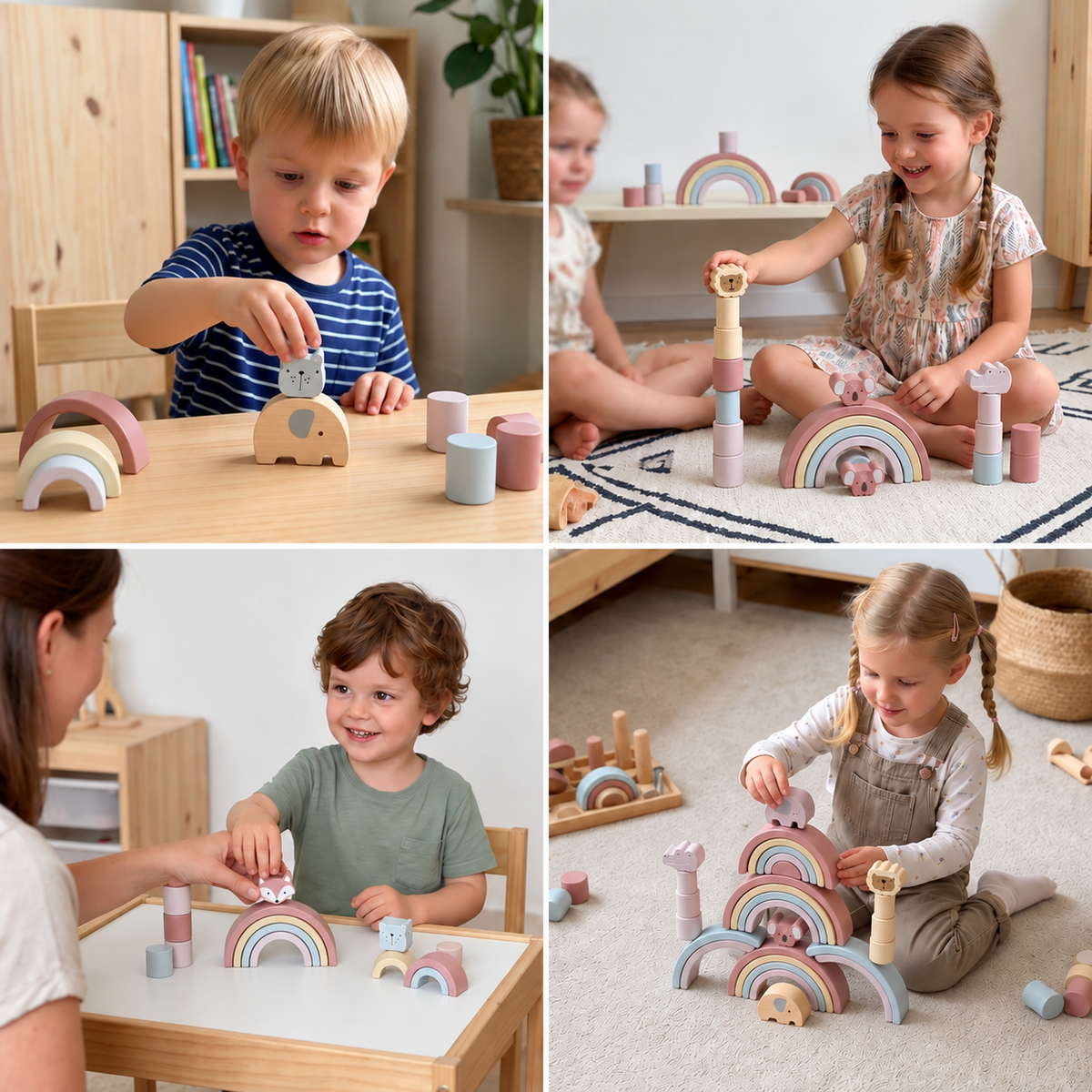 Montessori-Holzbausteine mit Tier- und Formenmotiven