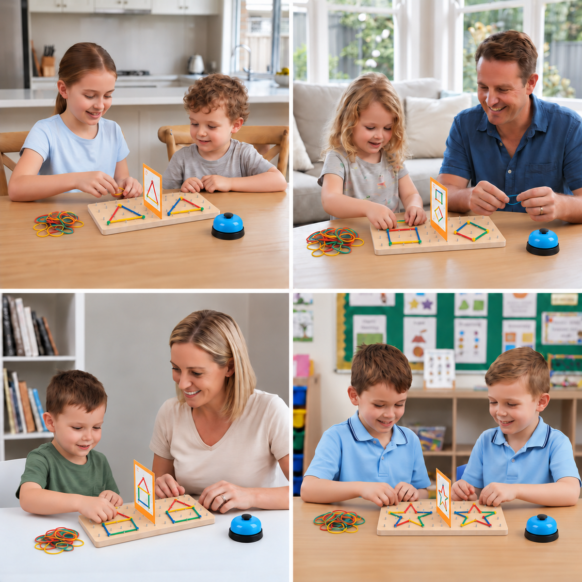 Montessori Holz-Geometrie-Duellspiel mit bunten Gummibändern