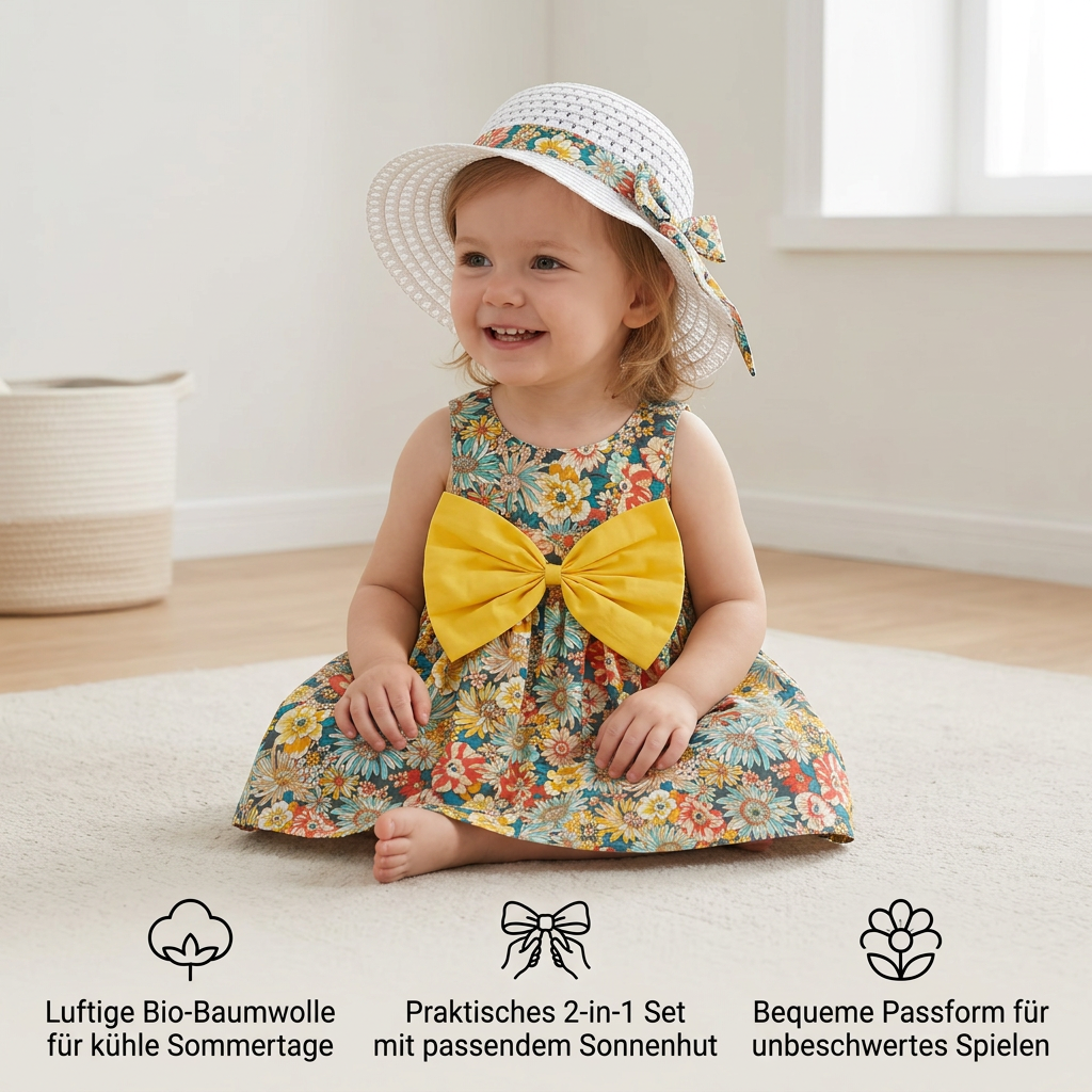 Sommerliches 2in1 Set - Armelloses Mädchenkleid mit Schleife und Hut mit Blumenmuster aus Baumwolle