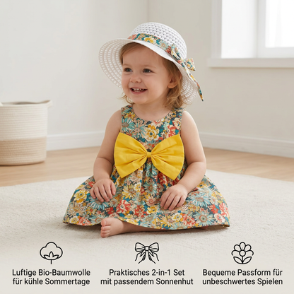 Sommerliches 2in1 Set - Armelloses Mädchenkleid mit Schleife und Hut mit Blumenmuster aus Baumwolle