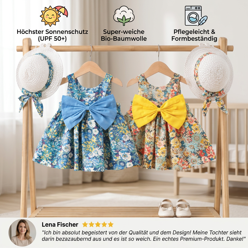 Sommerliches 2in1 Set - Armelloses Mädchenkleid mit Schleife und Hut mit Blumenmuster aus Baumwolle