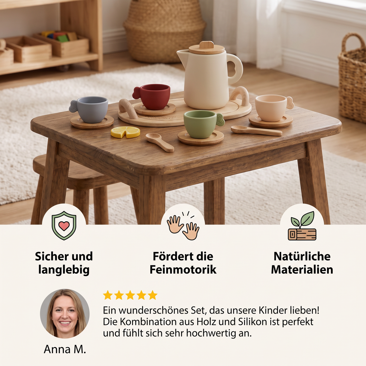 Tee-Set aus Holz und Silikon